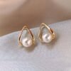 French Teardrop Pearl Stud Earrings Elegant Geometric Daily Jewelry